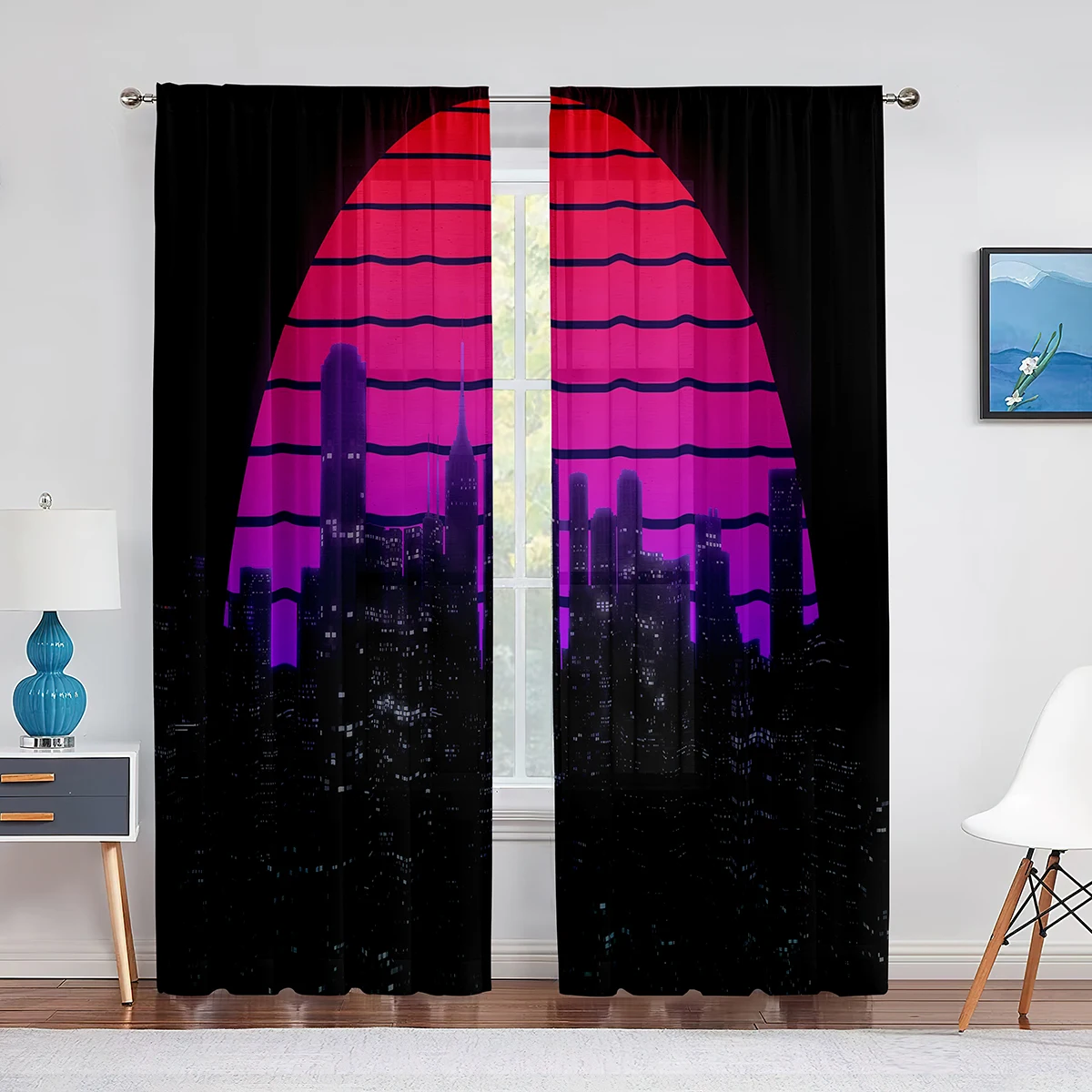 Night City Landscape Purple Neon Sheer Curtain for Living Room Bedroom Voile Drape Kitchen Window Tulle Curtains Home Essentials