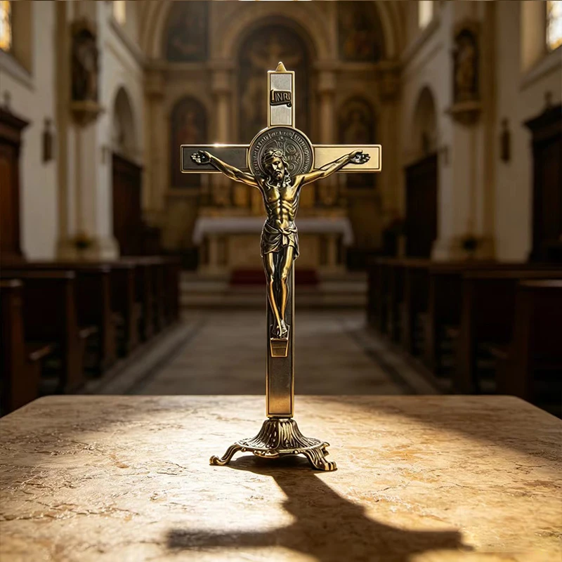 Neues stehendes Kruzifix in Bronzefarbe mit Heiligen-Benedikt-Medaille, perfektes religiöses Geschenk für den katholischen christlichen Altar zu Hause. – Detail 4