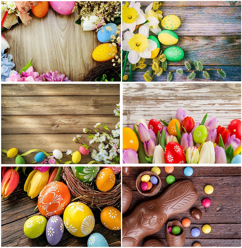 Tablones de madera con temática de Pascua, fondos con textura, huevos de Color, patrón Floral, Chocolate, conejo, tulipán, decoración fotográfica