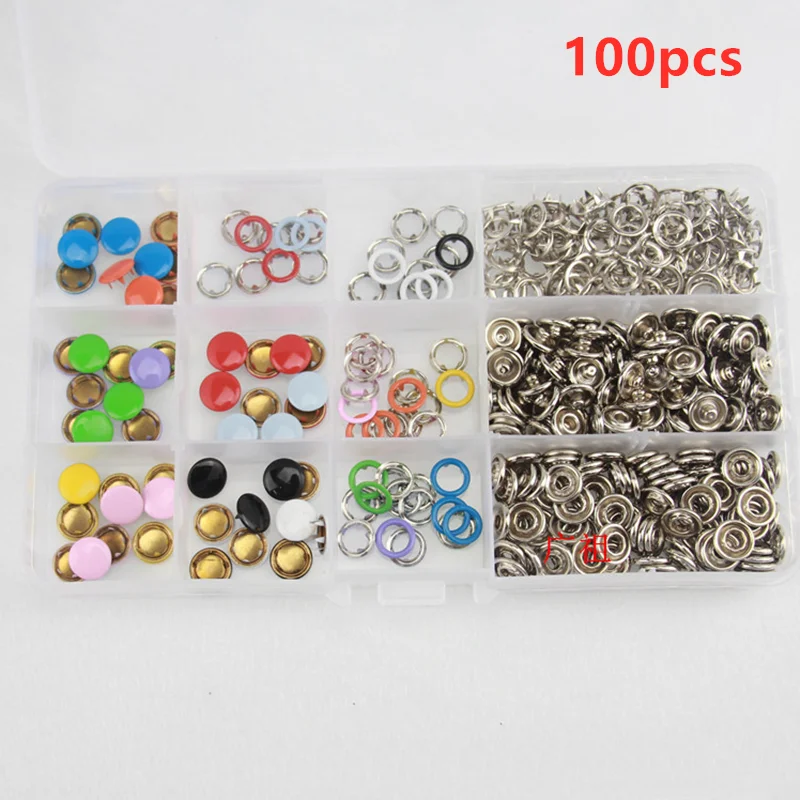 Snap Button Plier Tool 100/200 Set 10Color Metal DIY Hand Pressure Studs Fasteners Kit Installing Clothes Bag Sewing Accessories