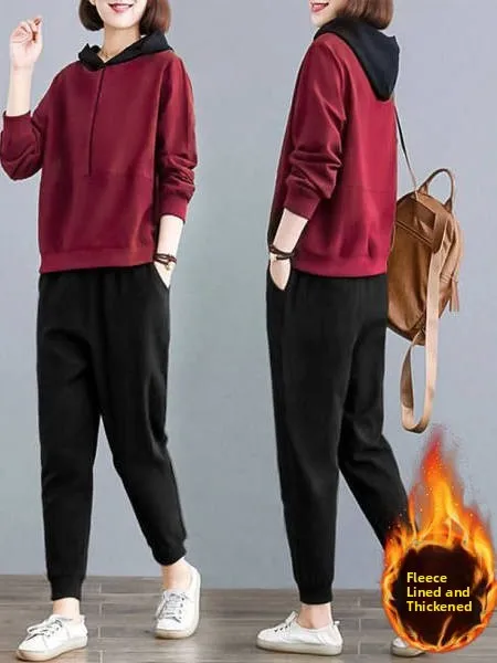 

Thickened Fleece Hooded Sports Suit Two-Piece Set Loose Fit Casual Style Korean Version Autumn Winter New Arrival for Women