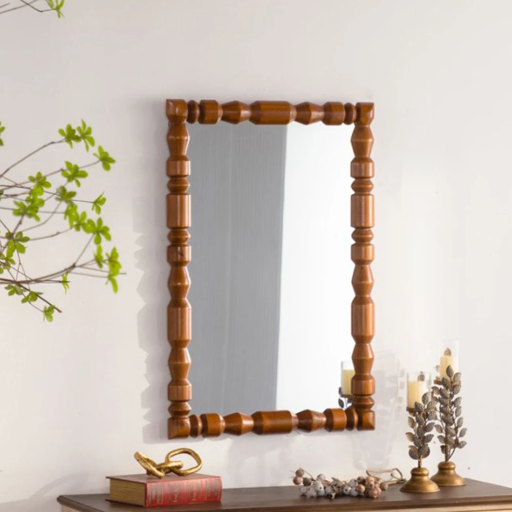 

Vintage Carved Wood Column Wall Mirror, Retro Decorative Frame Mirror for Living Room Bedroom Entryway Home Decoration