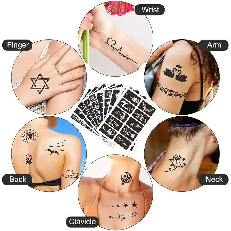 Henna-Tattoo-Schablonen-Set Selbstklebende Handvorlagen Wiederverwendbare Temporäre Tattoo-Körperkunst DIY-Design-Kit für Hochzeit und Party – Detail 7