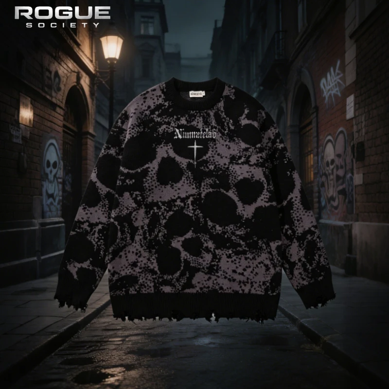 Gothic Skull Knit Sweater Male Women Distressed Hem Cross Embroidery Streetwear Y2K Harajuku High Street Knitwear Pullover Tops