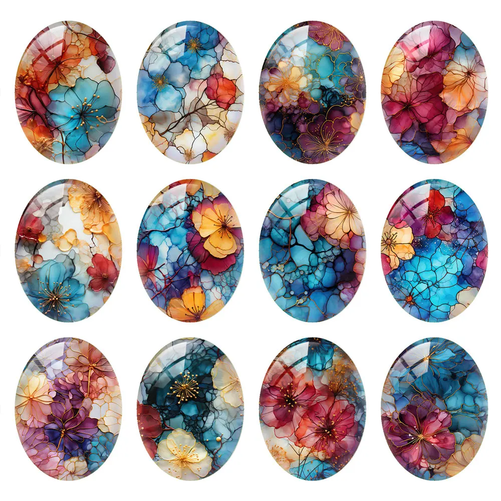 

10pcs/lots Oval Ink Flower Photo Glass Cabochon Charms Demo Flat Back Cameo For Diy Jewelry Making Findings Accessories