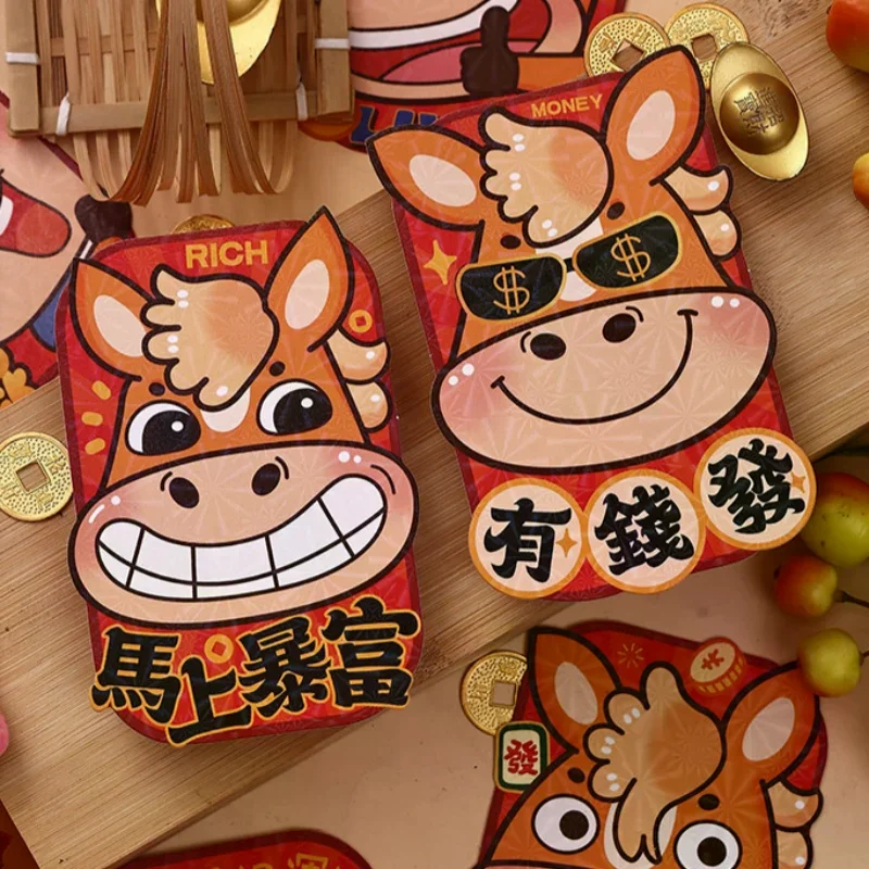 6PCS 2026 Horse Year Red Envelope New Year Wedding Kids Gift Cartoon Pony Pattern Lucky Money Envelopes Red Packets