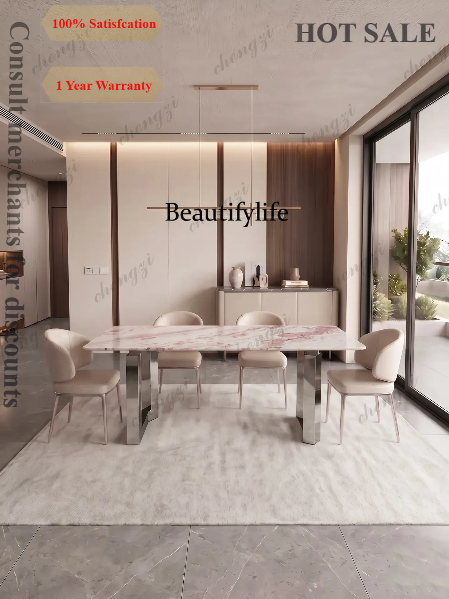 c139 Pink diamond luxury stone dining table, living room villa rose rainbow natural marble long dining table