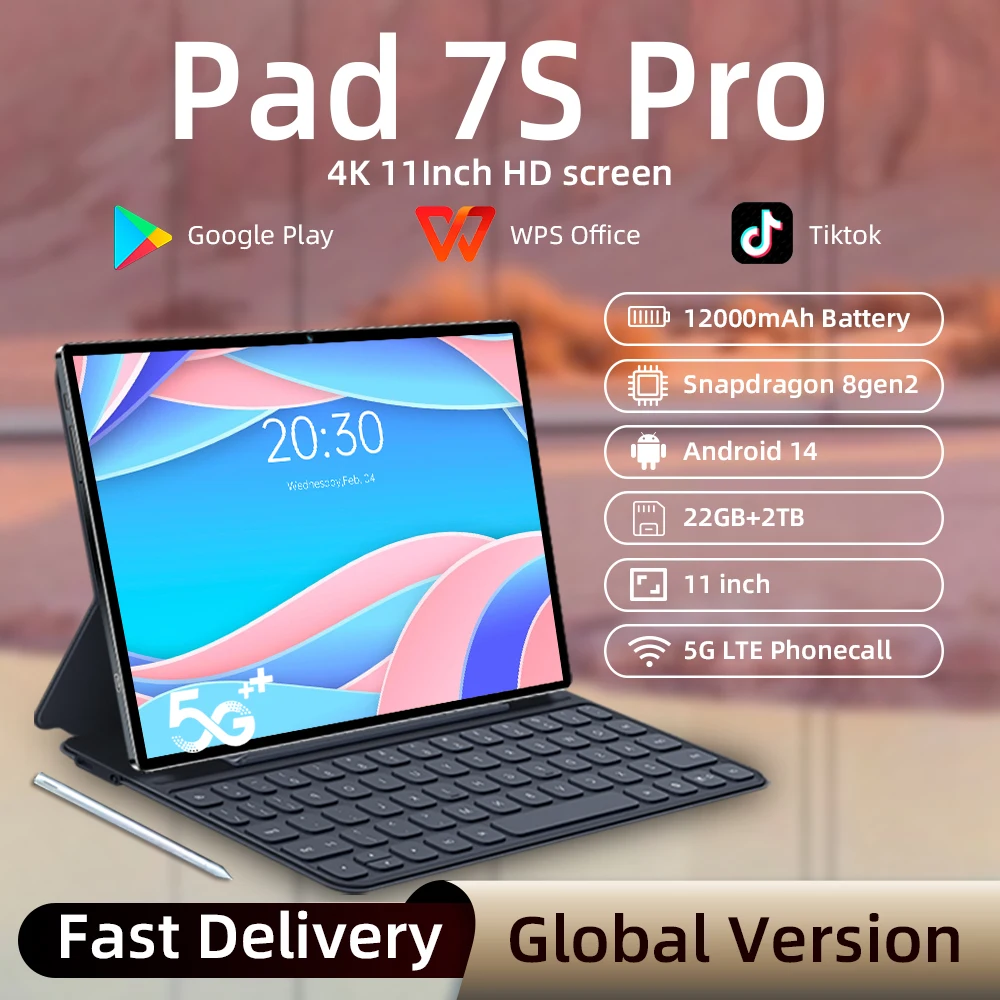 Tableta Pad 7S Pro, Android 14, 22GB+2TB, 12000mAh, 5G, Doble SIM, Bluetooth, WiFi, Pantalla HD 4K, Versión Global Original, Tableta PC de 11 Pulgadas