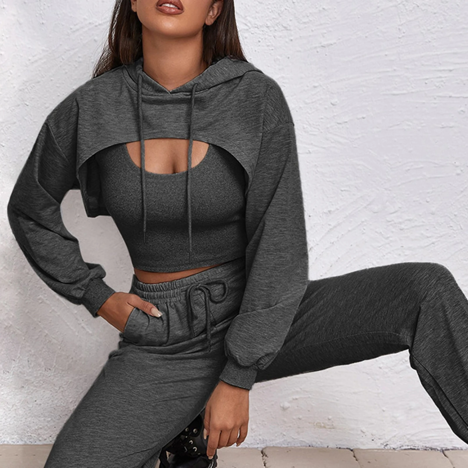 Women 3 Piece Sportswear Sets 2022 New Female Casual Hollow Hoodies Outfits Women\'s Trouser Suit Waist Elastic Sweatpants Suit