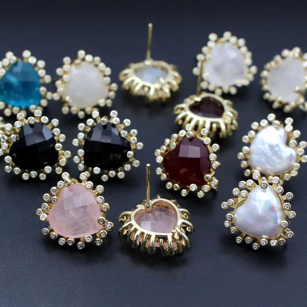 6pair CZ Paved Natural Baroque Pearl Rose Quartz Moon Stone Earrings Post Linker Connectors For DIY Women Drop Earrings