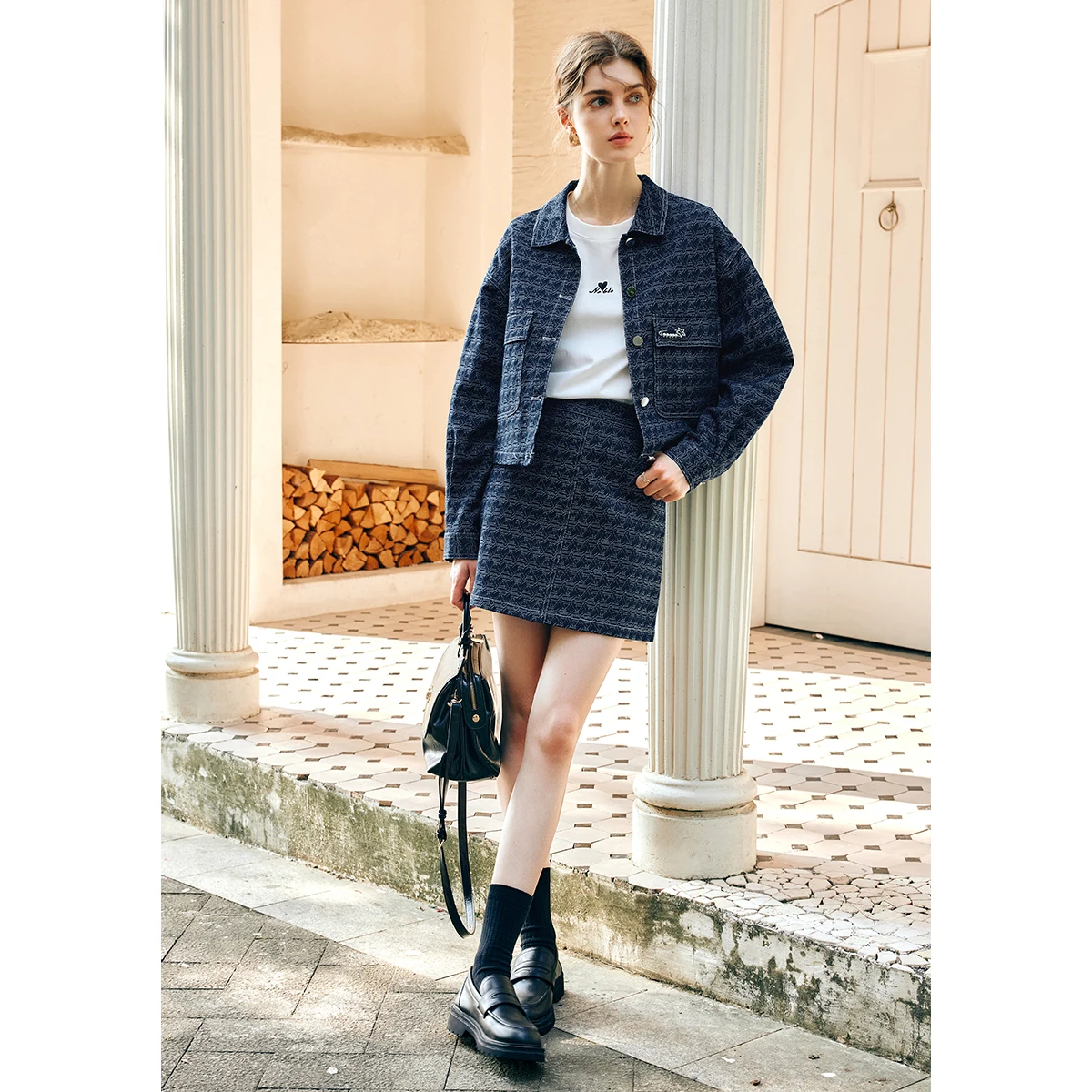 طقم تنورة نسائي من OLrain لعام 2025 بياقة مقلوبة وأكمام طويلة من قماش الدنيم تنانير صغيرة على شكل حرف a طقم أنيق مكون من قطعتين M57CE96035 #2