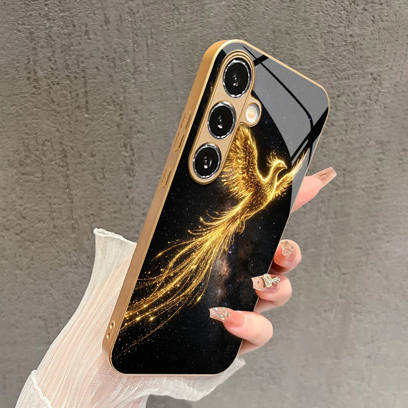 2D Phoenix Pattern Flowing Light Phone Case for Samsung Galaxy S26 S25 S24 S23 S22 S21 S20 A56 A55 Golden Glass Protective Cover view 3