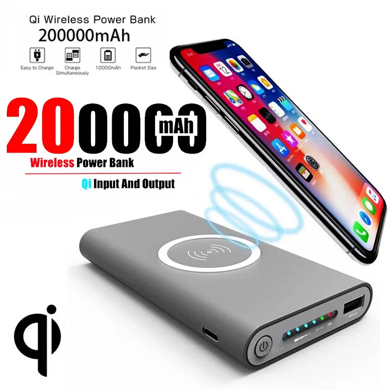 200000mAh Wireless Power Bank Fast Charging UltraLarge Capacity Mobile Power Supply Built-In Cable Portable Safe Powerbank