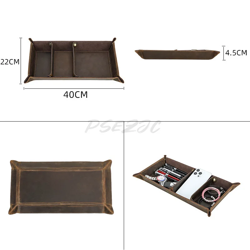 Coffee Color Crazy Horse Leather Tray Handmade Rectangular Layered Office Desk Stand Miscellaneous Storage Box
