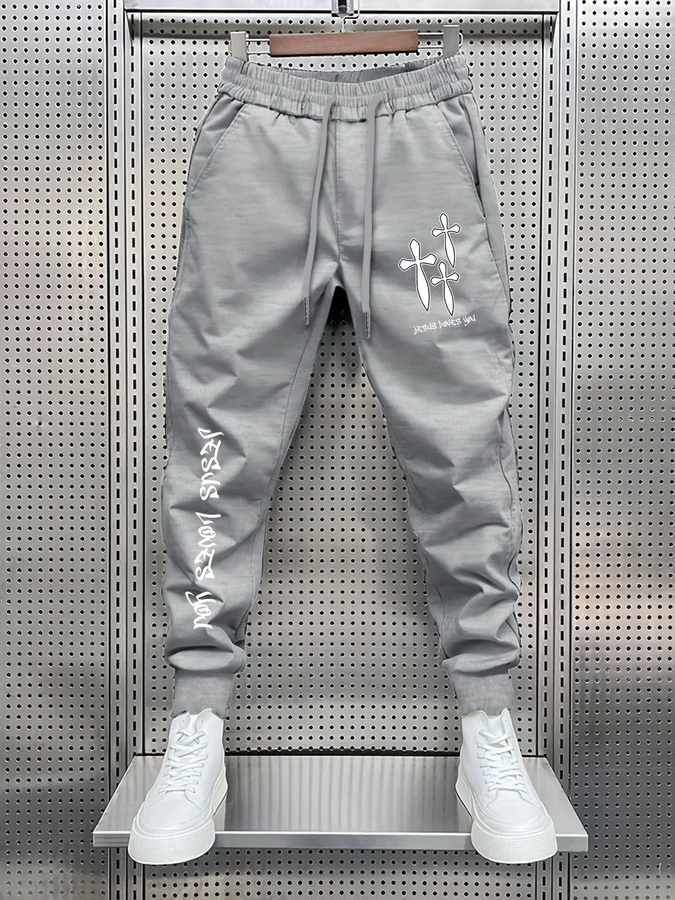 Classic three‑nail cross graphic Jesus loves you handwritten slogan print sweatpants men hip hop sports street jogger trousers
