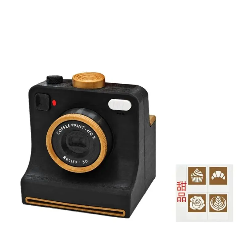 PORK-3D Printed Latte Camera Vintage Look Replaceable Cards DIY Latte Art Camera Tool One Touch Press+4 Dessert Stencils