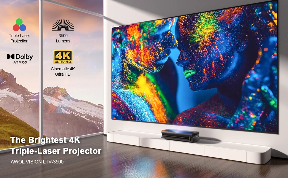 2023 awol LTV-3500โปรบีมเมอร์4K แอนดรอยด์เครื่องโปรเจคเตอร์เครื่องฉายเลเซอร์โยนแบบสั้นพิเศษ3500ลูเมน