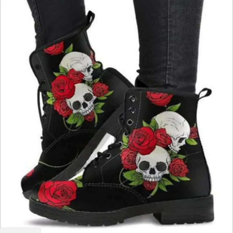 Women\'s Autumn and Winter New2020British Fashion Women\'s Tooling Boots Skull and Flower Print High-top Boots Ladies