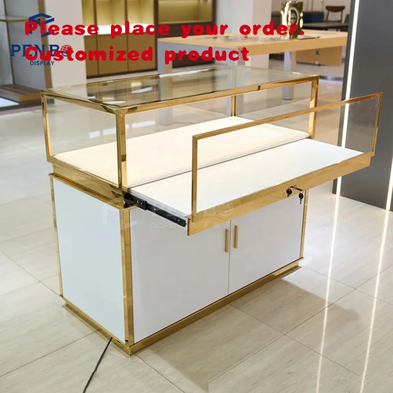 custom.Luxury Jewellery Single Showcase Gold Fine Jewelry Jeweler Showcase Glass and Gold Display Cabinet Glass Showcases Illumi