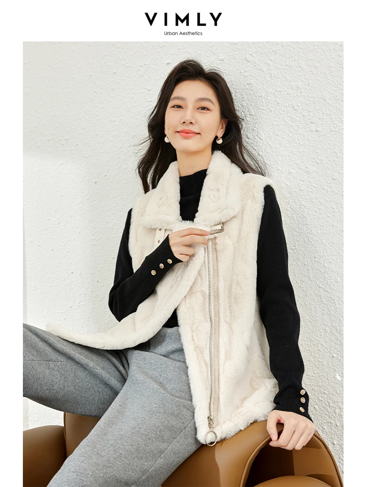 Vimly Faux Fur Waistcoat Warm Winter Vest for Women 2023 Lapel Zip Up Windproof Sleeveless Fluffy Jacket Female Outerwear 50381