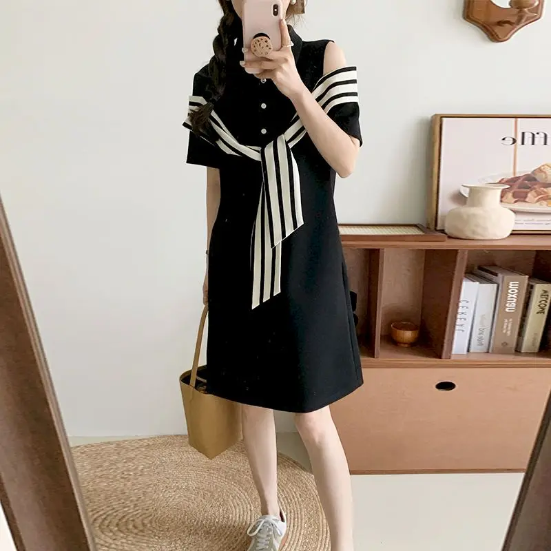 

Oversized Dresses Women Fashion Striped Shawl POLO Collar Off Shoulder Dress Loose Slim Simple Dress Summer Trend Thin Dresses