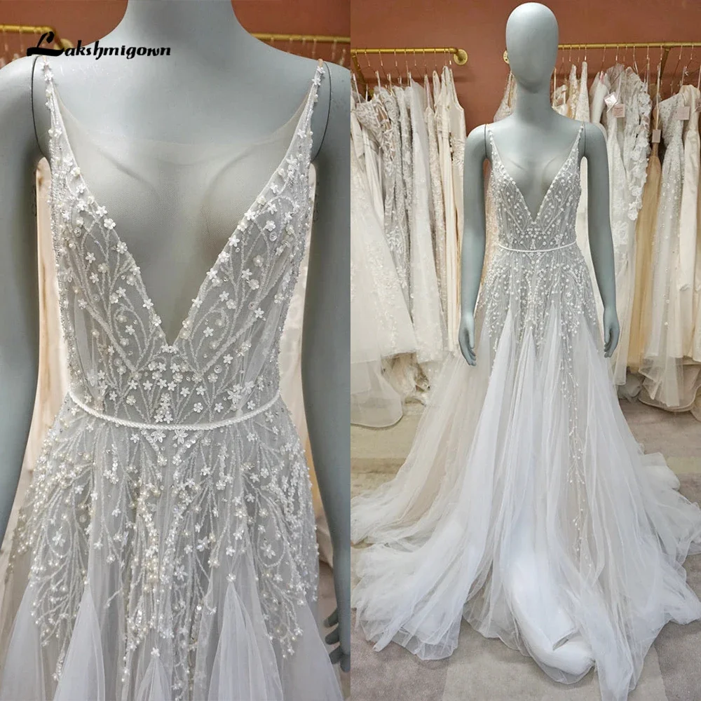 

Boho Sexy V Neck Spaghetti Straps Open Back Beading Lace A Line Wedding Dress For Women Beach Bridal Gown Sweep Vestido De Novia