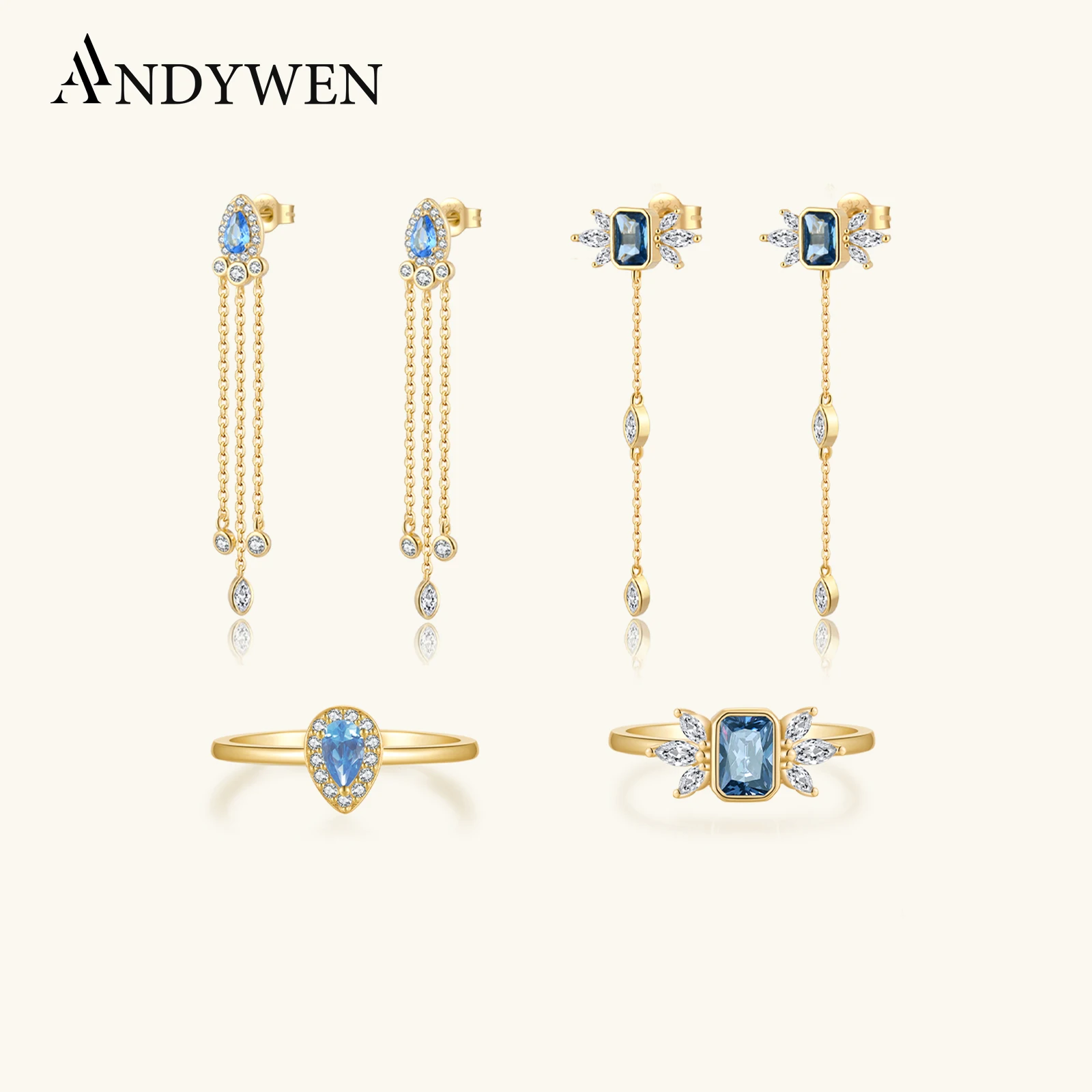

ANDYWEN Spring 925 Sterling Silver Gold Blue Zircon CZ Love Wing Pendant Long Chain Necklace Earring Ring Fine Jewelry Set