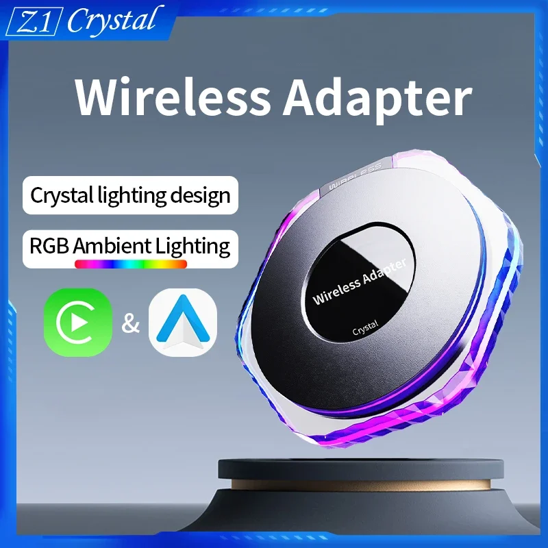 New Design Z1 Crystal RGB Colorful Ambient Lights Wireless Carplay Android Auto Video Adaptor Interface Smart AI Box Hot Selling