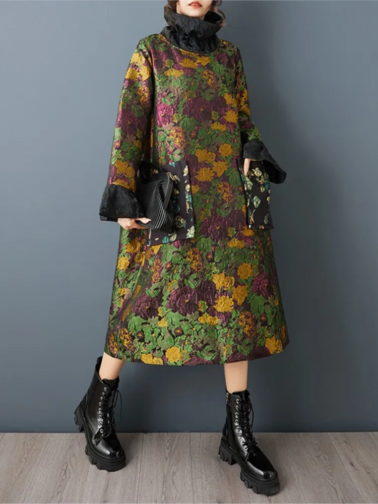 特大春ドレス女性花刺繍ファッション中国風レディースドレスルーズ A ライン女性長袖ドレス