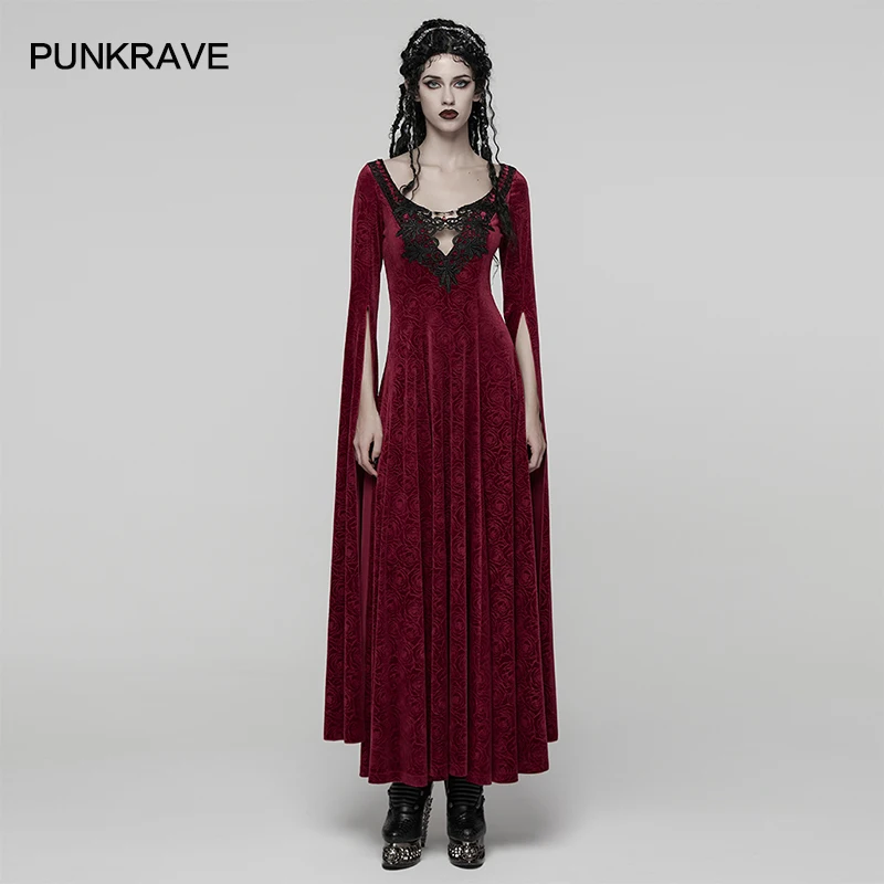 PUNK RAVE Women's Gothic Rose Velvet Sexy Gorgeous Dress Elegant Grand Silhouette Water Sleeves Drawstring Party Long Dresses