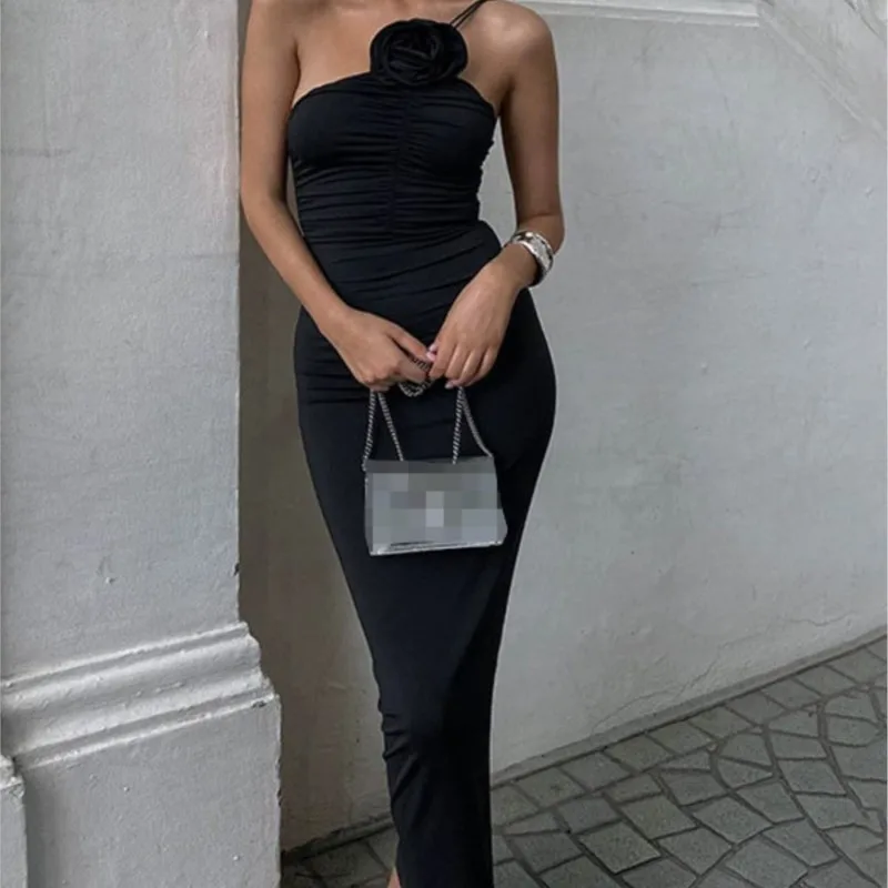 

Sexy Women Solid Sleeveless Slim Dress One-shoulder Sling With Floral Pleated Waist Hips Dress Summer Slim Elegant Outfits Lady
