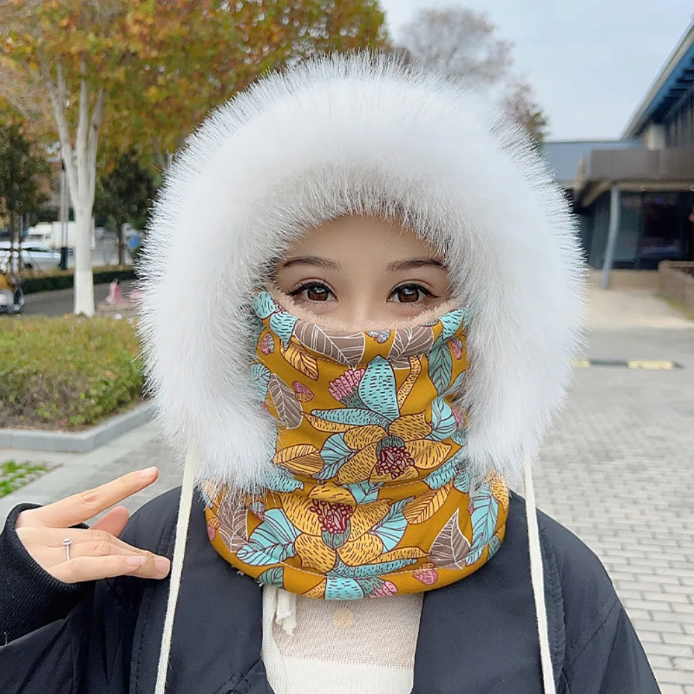 

Windproof 3-in-1 Winter Cycling Hat Flower Print Plaid Warm Scarf Face Mask Cold Resistant Neck Warmer Lei Feng Hat Men