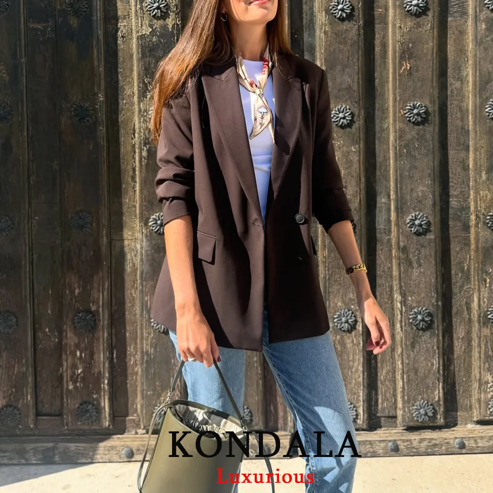 KONDALA Vintage Office Lady Chic Blazer Women V Neck Long Sleeve Pockets Loose Jacket Fashion 2026 Spring Summer Elegant Outwear