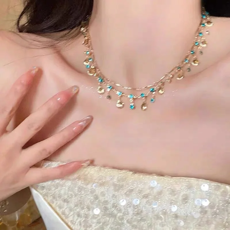 Elegant Gold Color Chain Shell Blue Tear Jewelry Set Crystal Choker Necklace Bracelet For Women Wedding Jewelry Birthday Gift