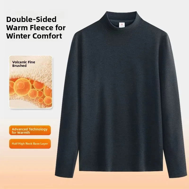Men's Double-sided Cashmere Long Sleeve Base Shirt Half-high Collar Casual Warm Thermal T-shirt plus Size Autumn Clothes