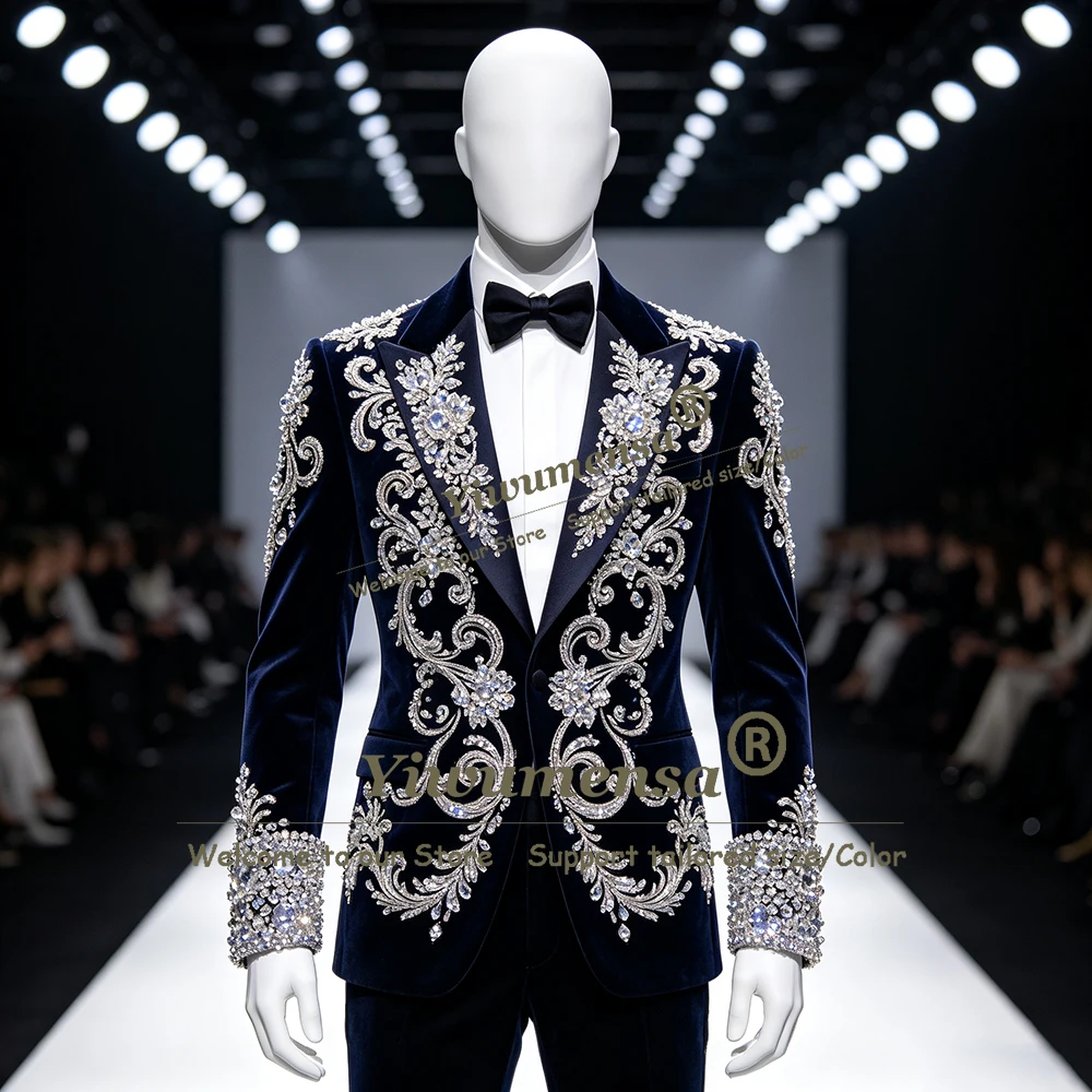 Hand Stitched Beadwork Wedding Suit For Man Peak Lapel Velvet Prom Blazer Pants 2 Piece Sets Male Fashion Clothing Groom Tuxedo