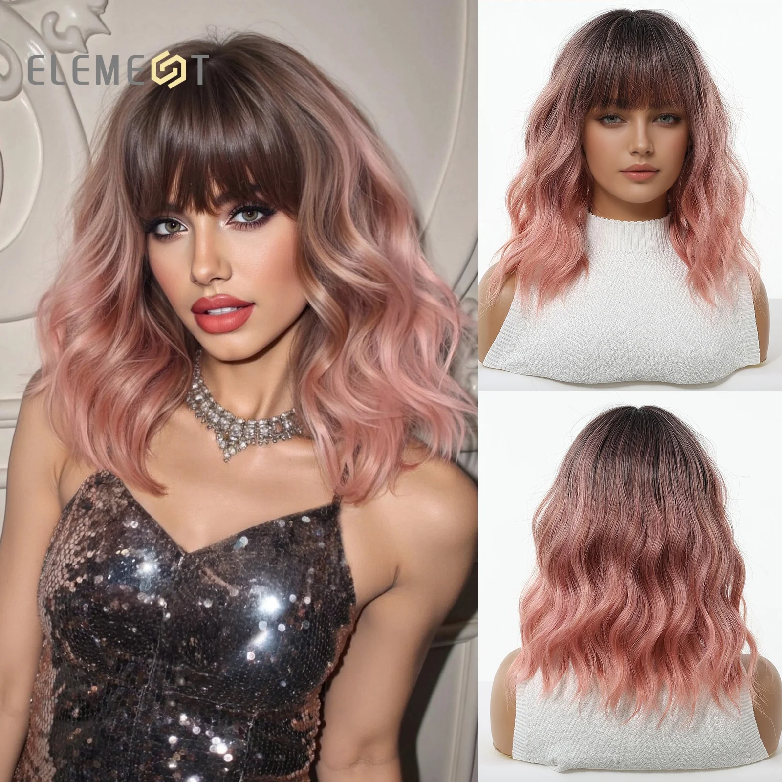

Pink to Brown Ombre Short Bob Curly Synthetic Wig with Bangs for Women Gradient Heat Resistant Hair for Daily Party Cosplay