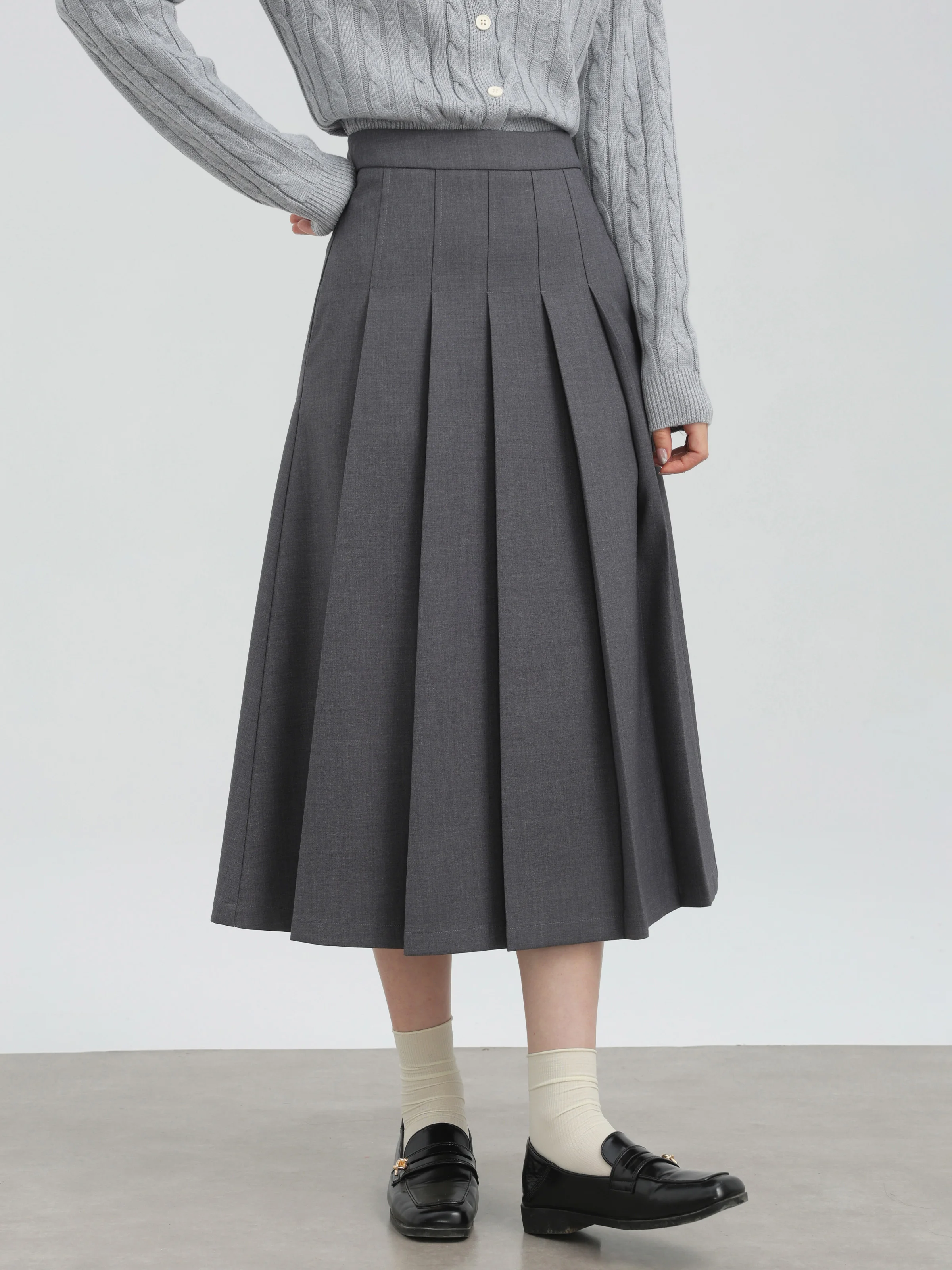 تنورة أنيقة عالية الخصر ذات ثنيات بقصة ضيقة على شكل حرف a تنورة ميدي للنساء تنورة غير رسمية للمكتب باللون الرمادي لملابس الخريف والشتاء الصغيرة