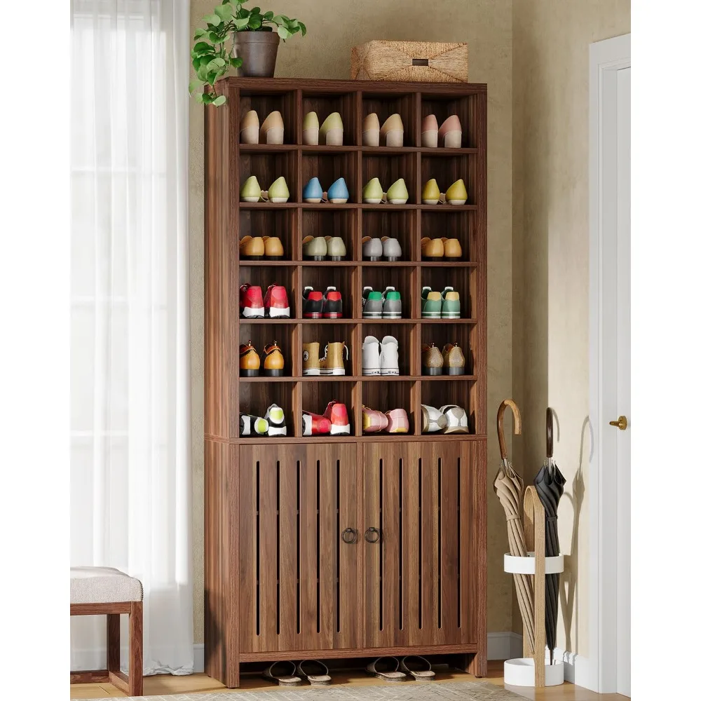 

Tall Shoe Storage Cabinet with Doors, Farmhouse Wooden Shoe Rack with 24 Cubbies & 3 Hidden Shelves, Customized
