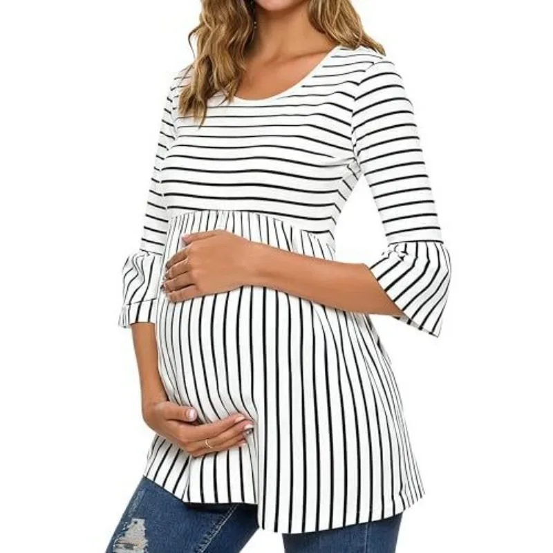 

Pregnant Women Stripe Print T-shirt Tops Maternity Half Sleeve Round Neck Loose T Shirts Spring Summer Casual Pregnancy Clothing