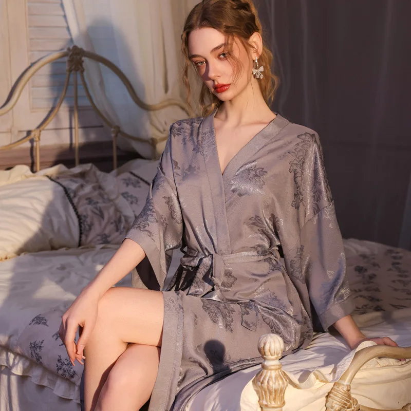 Women Jacquard Robe Homewear Print Flower Kimono Loose Gown Bathrobe Long Style Loungewear Belt Comfy Dressing Gown Nightgown