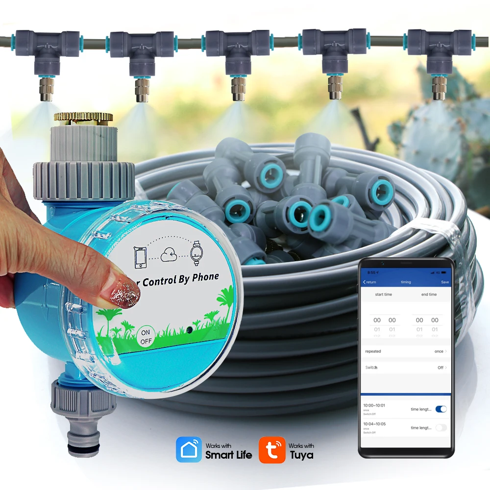 

10/20M Tuya Wifi/Bluetooth Compatible Timer Atomized Watering System 1/4" Hose Adjustable Spray Nozzle Automatic Irrigation Kit