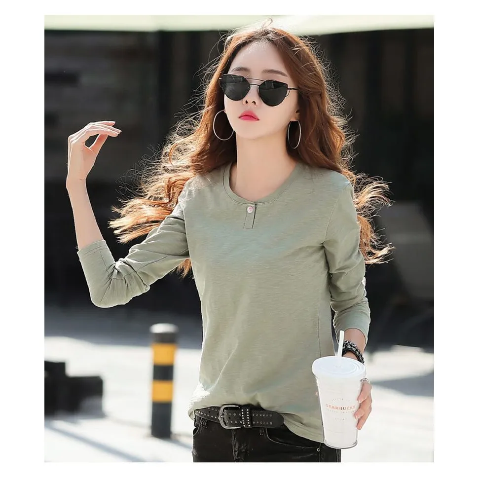 Autumn Spring Large Size Women's Long Sleeve T-Shirt Korean Style Base Shirt Inner Wear Pure Color Outerwear Commute Style