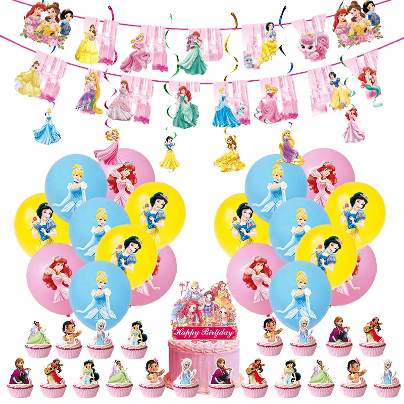 Disney Princess Birthday Decoration Party Supplies Tableware Set New White Snow Paper Cups Plates Tablecloth Balloons Baby Gifts