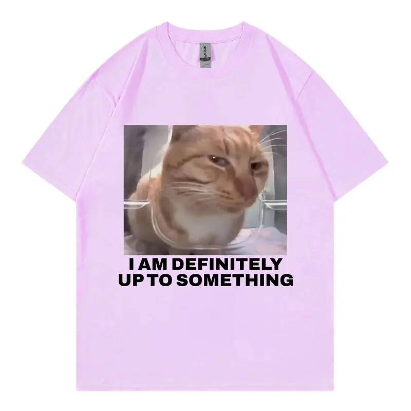 I Am Definitely Up To Something Funny Cat Meme T-shirt High Street Fashion Trend T-shirts Men Women Casual Loose Cotton T Shirt
