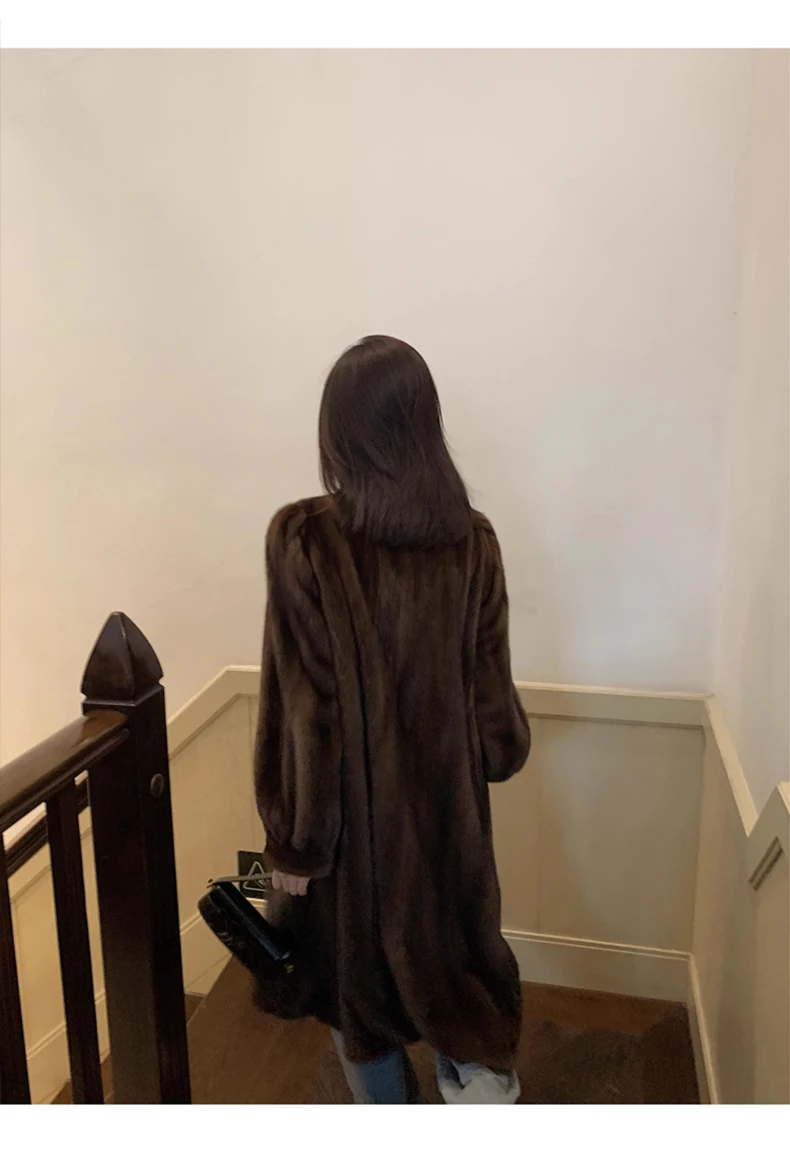 Lautaro Winter Long Brown Thick Warm Soft Faux Mink Fur Coat Women Puff Sleeve Elegant Luxury Chic Fluffy Furry Overcoat 2023