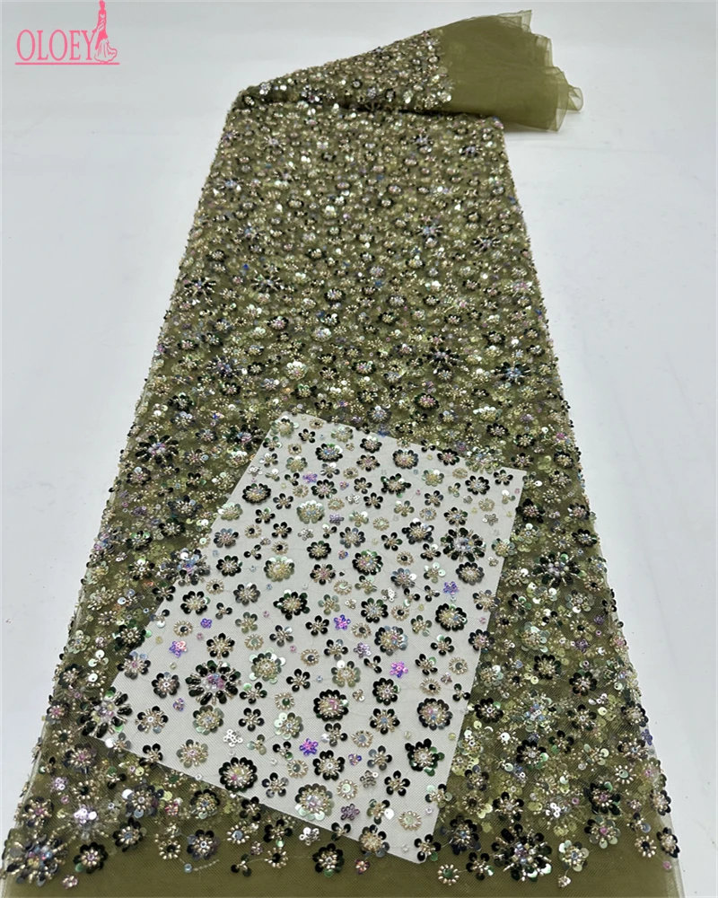 

OLOEY Hot Sale Luxury African French Mesh Beaded Sequins Lace Fabric 2026 Nigerian Tulle Lace Fabric For Women Wedding Party Dre