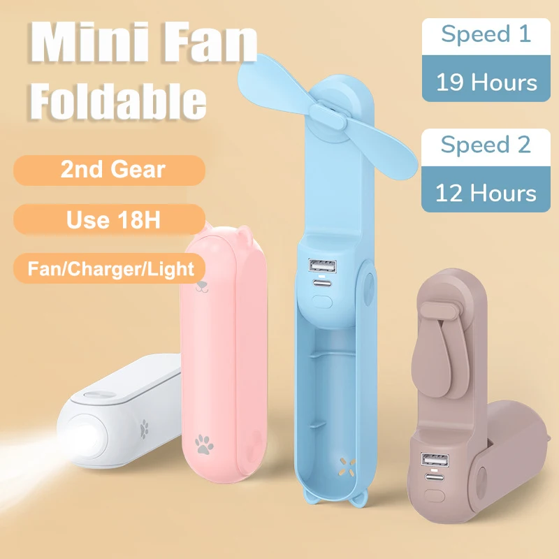 

Summer Mini Fan for Children with Power Bank Flashlight，Portable Foldable USB Rechargeable,12-19h Working for Camping Travel