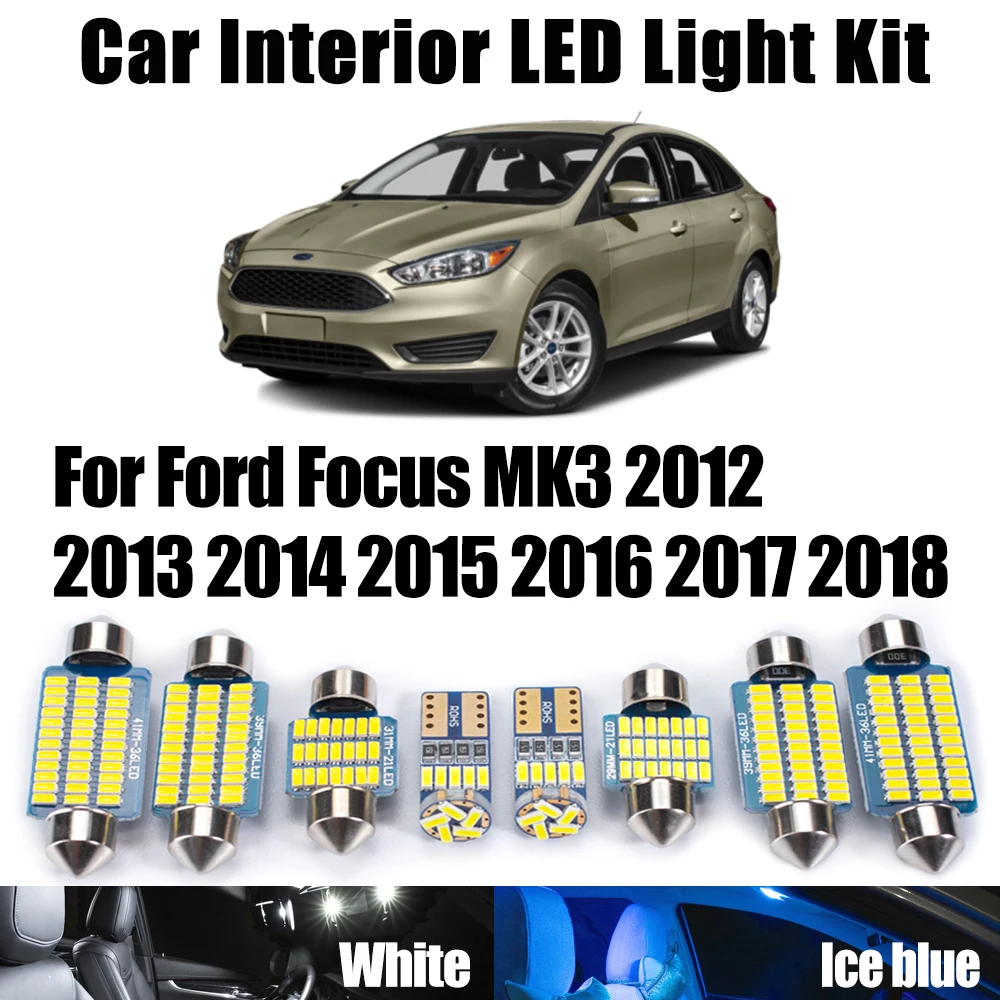 

14 шт. Canbus для Ford Focus MK3 2012-2015 2016 2017 2018 автомобильные лампы для зеркала в багажнике, светодиодные лампы для внутреннего освещения с картой и куполом для чтения