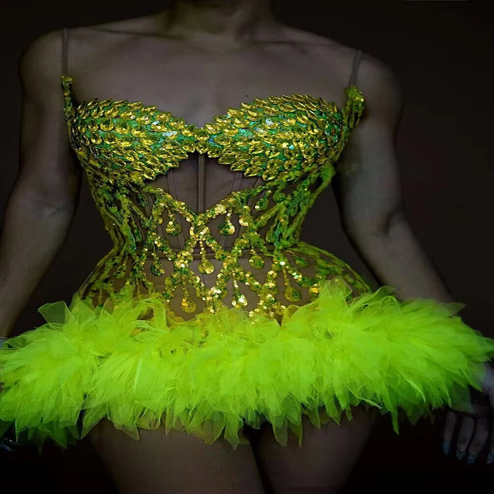 Conjunto de top y falda de cristal verde, traje sexy de malla de encaje con perlas para baile, fiesta de cumpleaños, club nocturno, dragqueen, actuación